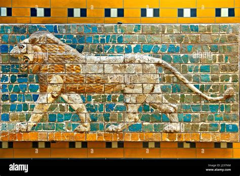 Lion relief on glazed bricks from the Ishtar Gate, Babylon, Iraq constructed in about 575 BC ...