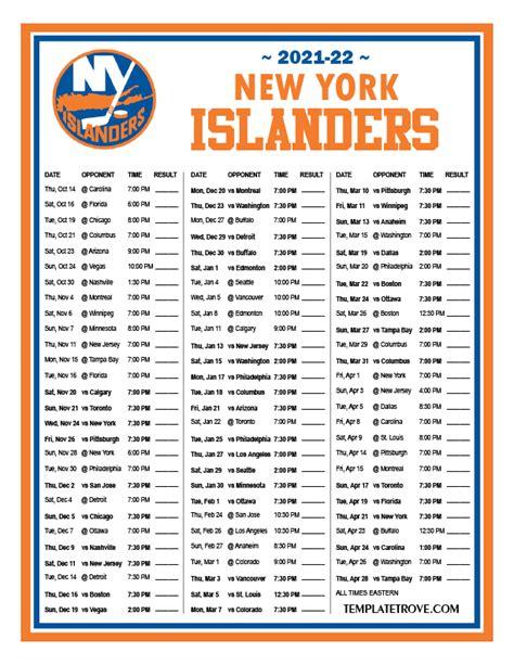 Printable 2021-2022 New York Islanders Schedule