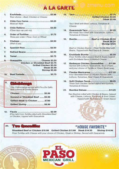 Menu at El Paso Mexican Grill restaurant, Denham Springs, Magnolia Beach Rd