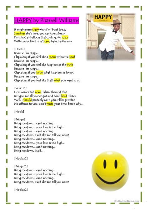 HAPPY by PHarrell Williams - English ESL Worksheets for distance learning and physical cl ...