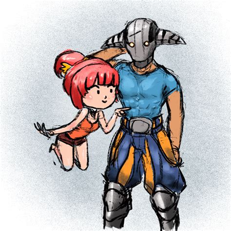 a drawing of two people in armor and one is holding the other's arm