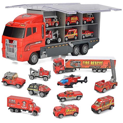 10 in 1 Die Cast Fire Engine Vehicles with Carrier Truck | Toy fire trucks, Toy trucks ...