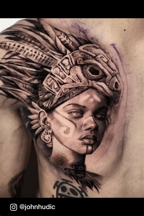 Realistic Black and Grey Native American goddess tattoo made by John Hudic based in Nice, France ...