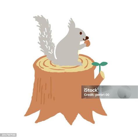 Vector Illustration Of Squirrel Eating Walnuts On A Log Stock ...