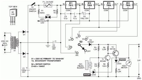 4-Output Stage (5V/6V/9V/12V) Stabilized DC Power Supply - Schematic Design