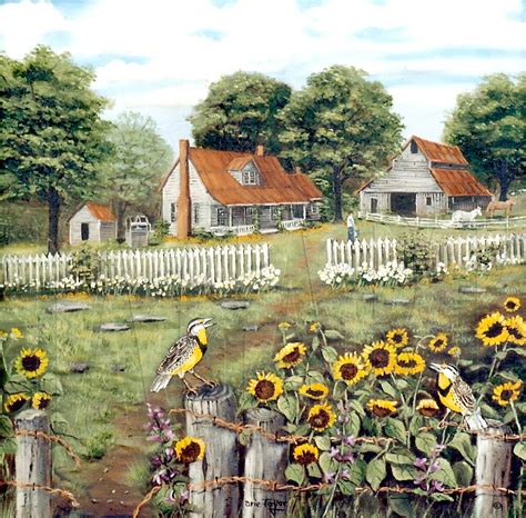 Landscape Paintings Sunflower Art Summer Cottage Folk Art | Etsy