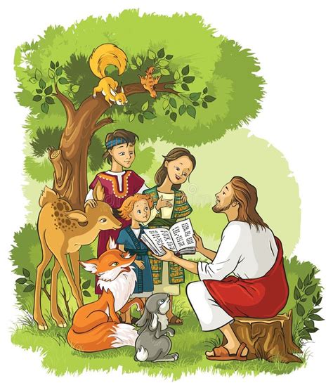 Jesus Reading the Bible To Children and Animals Stock Vector ...