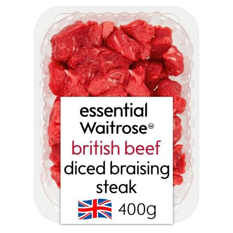 Essential Waitrose British Beef Diced Braising Steak 400g from Ocado