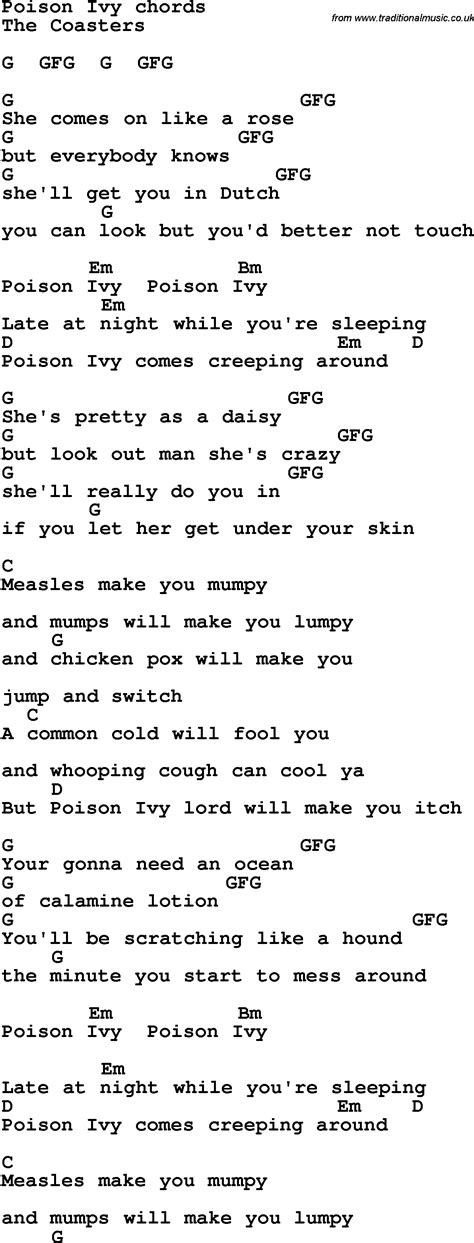 Song lyrics with guitar chords for Poison Ivy