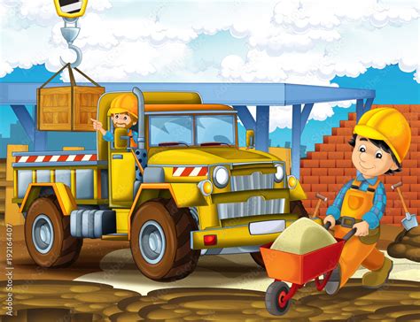 cartoon scene with funny construction site car - illustration for ...