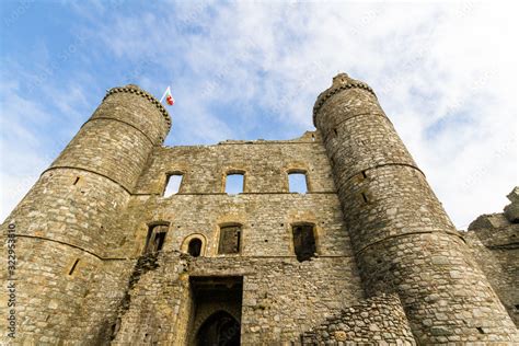 Interior of Harlech Castle with towers and gatehouse Stock Photo ...