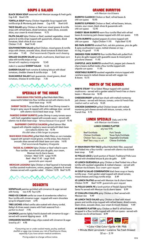 Rosie's Mexican Cantina menu in Florence, Alabama, USA