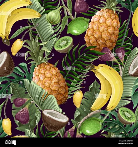 Seamless pattern with pineapples, bananas, figs and tropical leaves. Vector Stock Vector Image ...