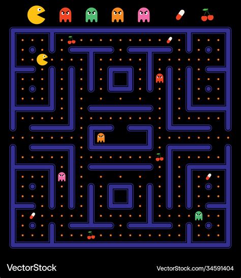 Pacman game with ghosts pill and cherry maze Vector Image