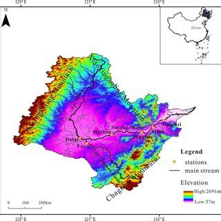 | Location map of the Songhua River basin showing the six hydrological ...