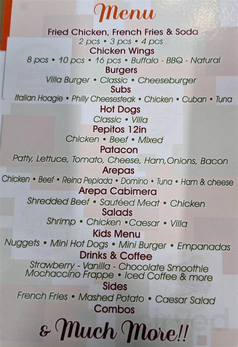 Villa Bakery menu in Kissimmee, Florida, USA