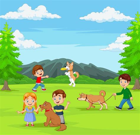 Group of children playing with their dogs in the park 5151823 Vector Art at Vecteezy