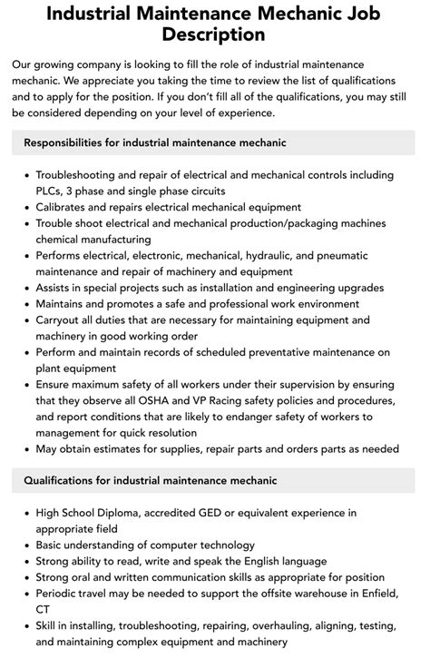 Industrial Maintenance Mechanic Job Description | Velvet Jobs