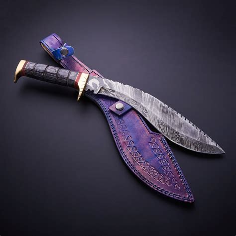 Damascus Steel Kukri Knife + Sheath // Black + Grey | Damascus steel ...