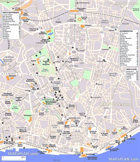 Lisbon map - Historic downtown centre highlights, hotels (Lapa Palace, Ritz Four Seasons), bars ...