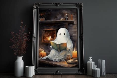 Cute Ghost is Reading A Book by the Fireplace Poster, Dark Romantic Ghost Book Creepy, Horror ...