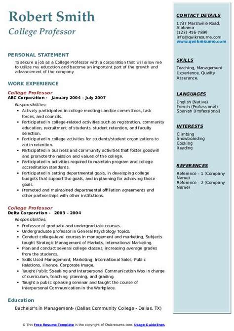 College Professor Resume Samples | QwikResume