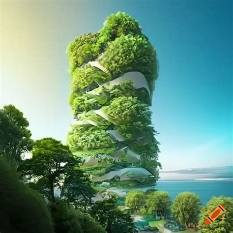 Realistic futuristic skyscraper covered in plants on Craiyon
