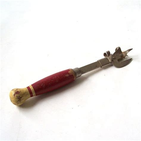 vintage red wood handle can opener bottle utencil kitchenware