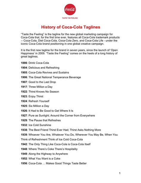 (PDF) History of Coca-Cola Taglines · ! 1 History of Coca-Cola Taglines “Taste the Feeling” is ...