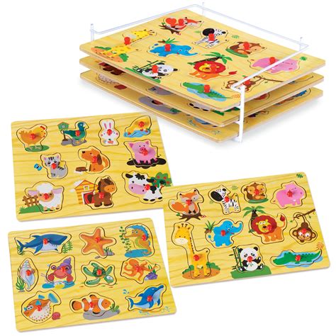 Wooden Puzzles For Toddlers by Etna Products – Colorful Peg Puzzles with Bonus Puzzle Rack ...