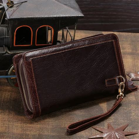 The High end genuine Leather Wristlet Wallet Card Package Double Zipper Design men Wallet With ...