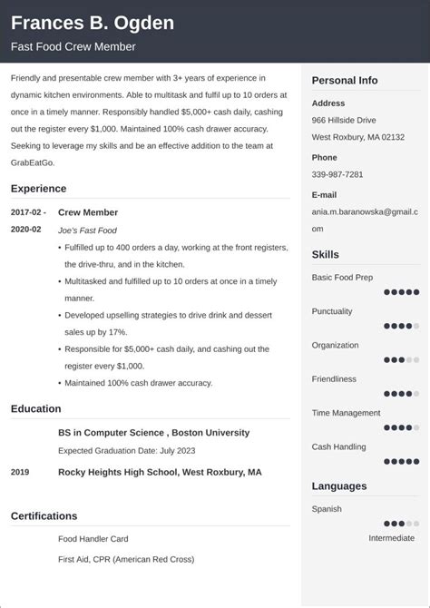 Fast Food Resume Examples with Skills & Job Description