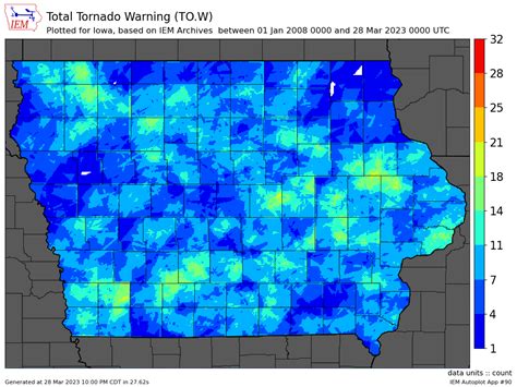 IEM :: 2023-03-29 Feature - Tornado Warning Polygon Heatmap