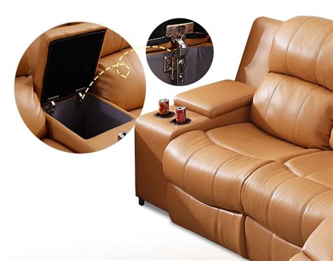 Dark Beige Manual Recliner Sectional Sofa in Genuine Leather with Cup Holder Console and Right ...