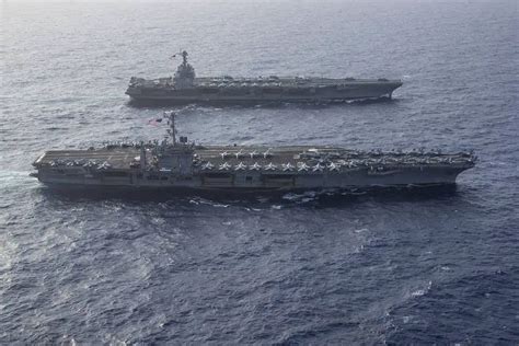 For the first time US Navy Ford-class and Nimitz-class aircraft carriers have operated together ...