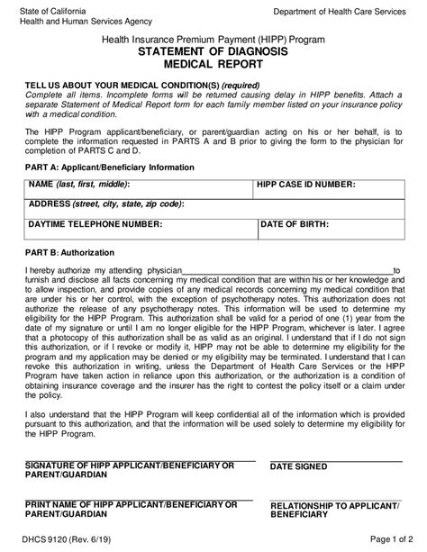 Form DHCS9120 Download Fillable PDF or Fill Online Statement of Diagnosis Medical Report ...