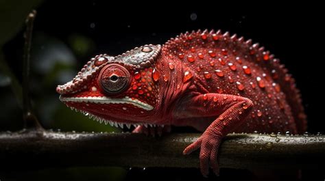 Premium Photo | A red chameleon sits on a branch.