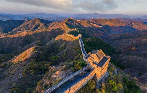 Aerial view of the Great Wall of China during sunny day. stock photo