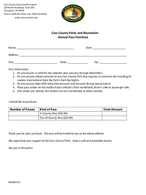 Fillable Online Cass County Parks and Recreation Annual Pass Purchase Number ... Fax Email Print ...