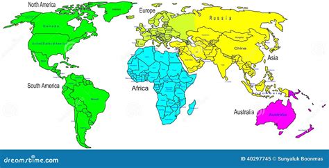 Nombre De Los Continentes Y De País Del Mapa De Color Del Mundo Ilustración del Vector - Imagen ...