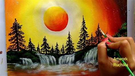 Waterfall Landscape Painting | Sunset Scenery Painting | Acrylic Painting for Beginners - You ...