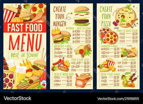 Fast food combo meals burgers and pizza menu Vector Image