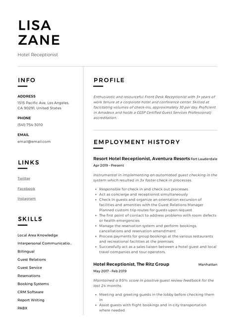 Hotel Receptionist Resume Sample