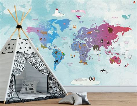 Kids World Map Pink World Map Wallpaper - Etsy