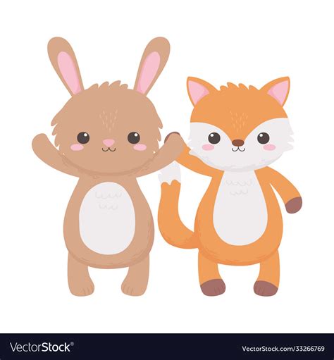 Cute rabbit and fox cartoon animals isolated white