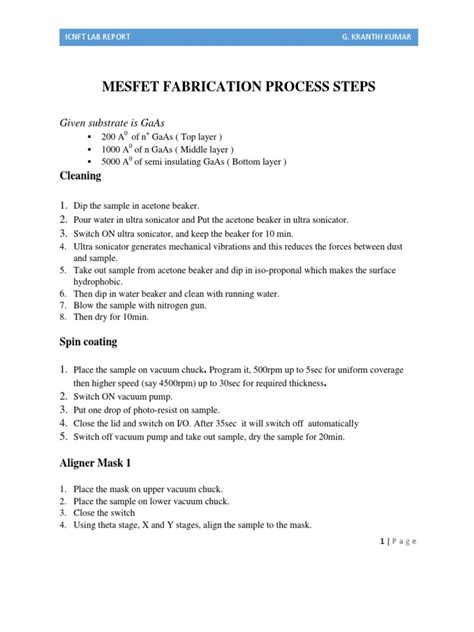 Mesfet Fabrication Process Steps: Given Substrate Is Gaas | PDF | Field ...