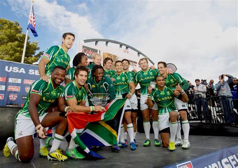 Springboks Sevens Team, the BlitzBokke, after winning the USA7s in Las Vegas, tournament 5 of ...