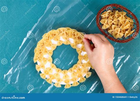 Diy Christmas Pasta Wreath on Blue Background. Gift Idea, Decor ...