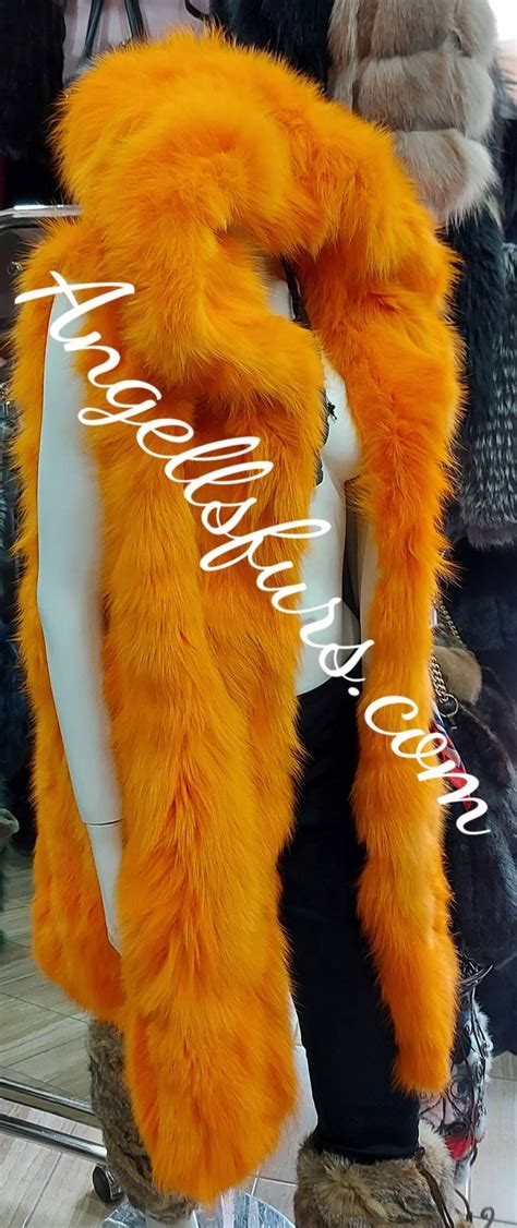 HOODED ORANGE FOX Fur long Vest!Amazing Fluffy Brand New Real Natural Genuine Fur!