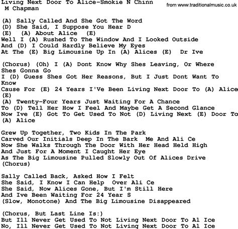 Country Music:Living Next Door To Alice-Smokie N Chinn Lyrics and Chords